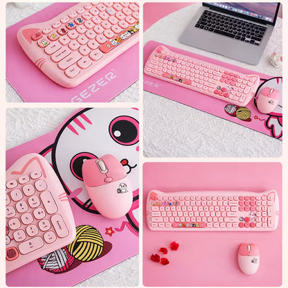 Combo Teclado Mouse GEEZER Orejas de Gato Rosado Plus - 104 Teclas 2.4G 1600 DPI Retro