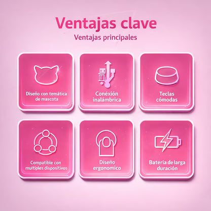 Combo Teclado Mouse GEEZER Orejas de Gato Rosado Plus - 104 Teclas 2.4G 1600 DPI Retro