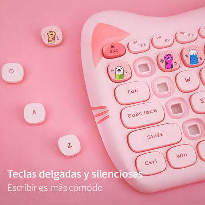 Combo Teclado Mouse GEEZER Orejas de Gato Rosado Plus - 104 Teclas 2.4G 1600 DPI Retro