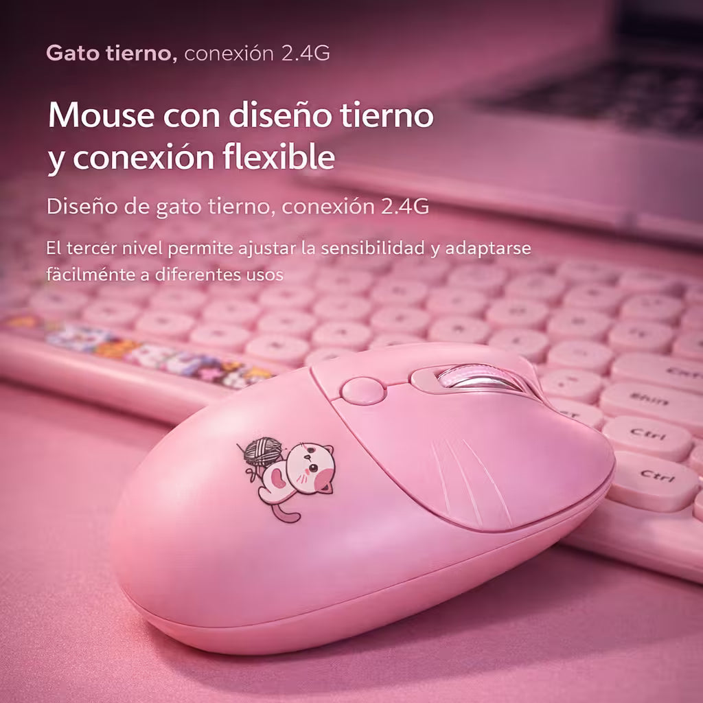 Combo Teclado Mouse GEEZER Orejas de Gato Rosado Plus - 104 Teclas 2.4G 1600 DPI Retro