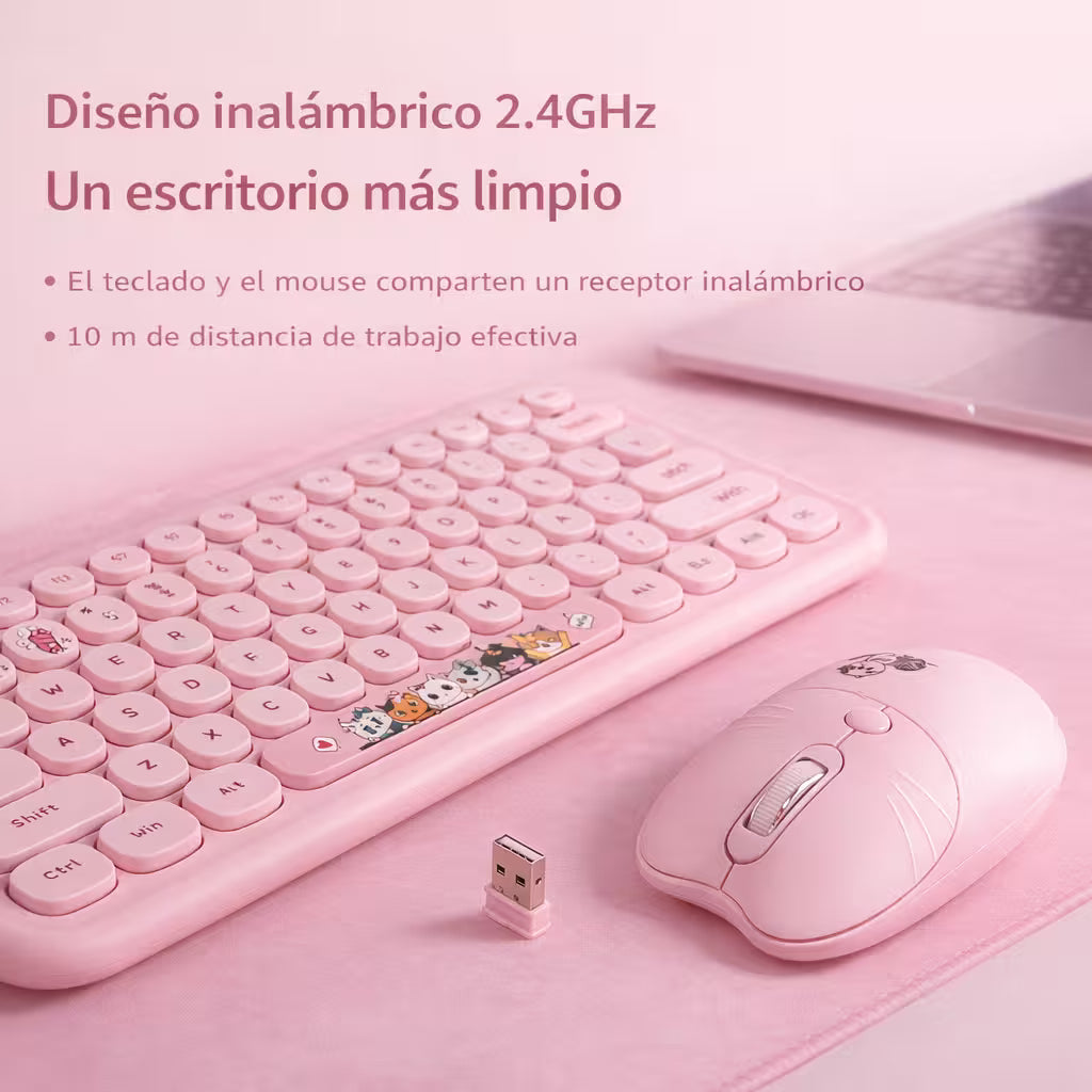 Combo Teclado Mouse GEEZER Orejas de Gato Rosado Plus - 104 Teclas 2.4G 1600 DPI Retro