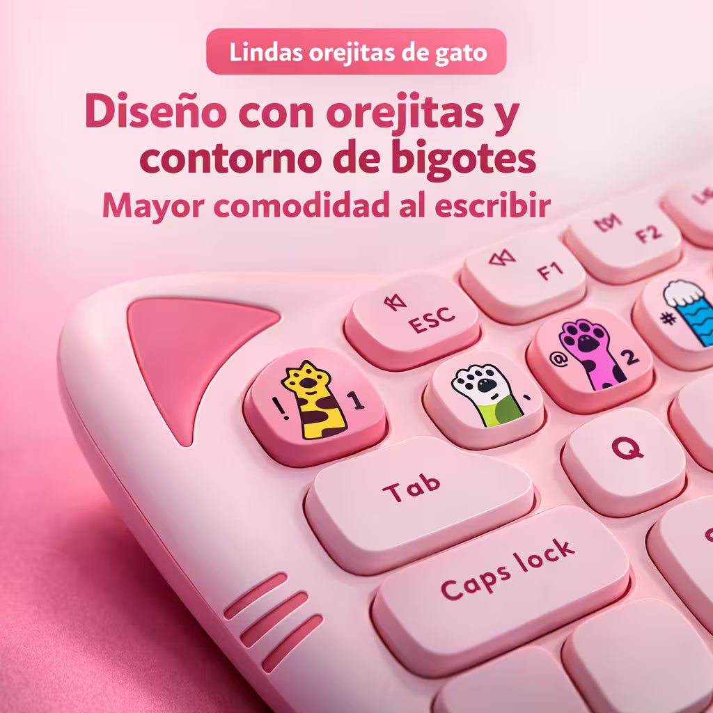 Combo Teclado Mouse GEEZER Orejas de Gato Rosado Plus - 104 Teclas 2.4G 1600 DPI Retro