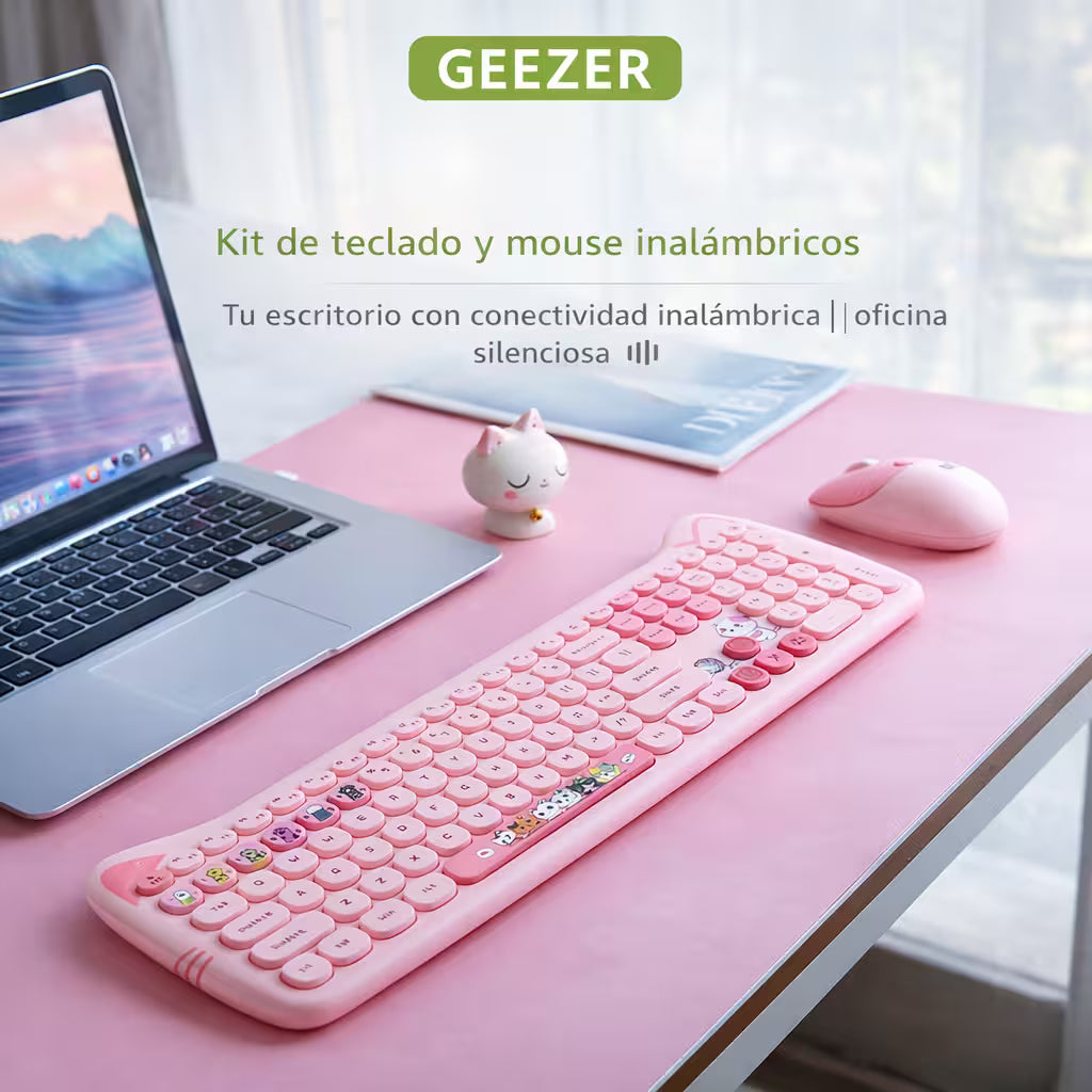 Combo Teclado Mouse GEEZER Orejas de Gato Rosado Plus - 104 Teclas 2.4G 1600 DPI Retro