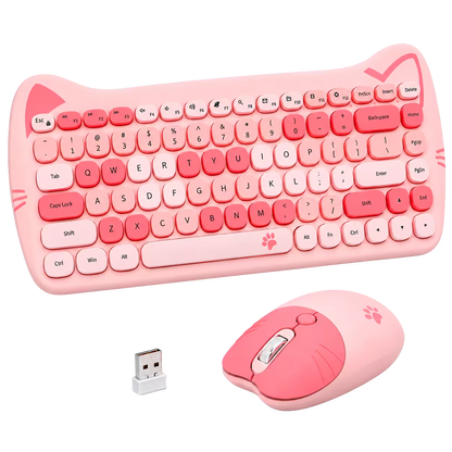 Combo Teclado + Mouse Inalámbrico GEEZER Gato Rosado – 2.4G | 1600 DPI | Silencioso | Compacto Kawaii | Plug & Play