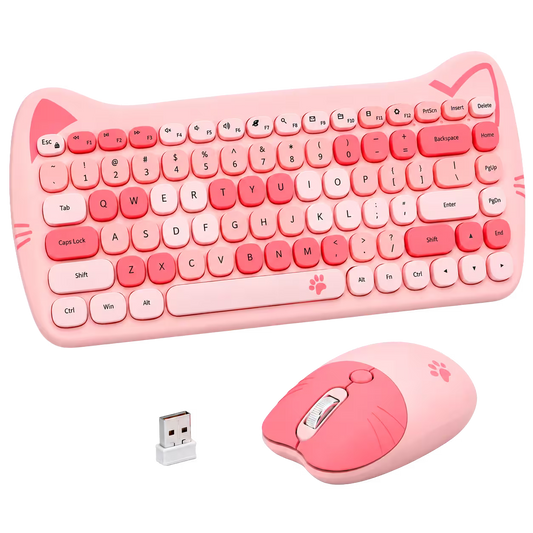 Combo Teclado + Mouse Inalámbrico GEEZER Gato Rosado – 2.4G | 1600 DPI | Silencioso | Compacto Kawaii | Plug & Play