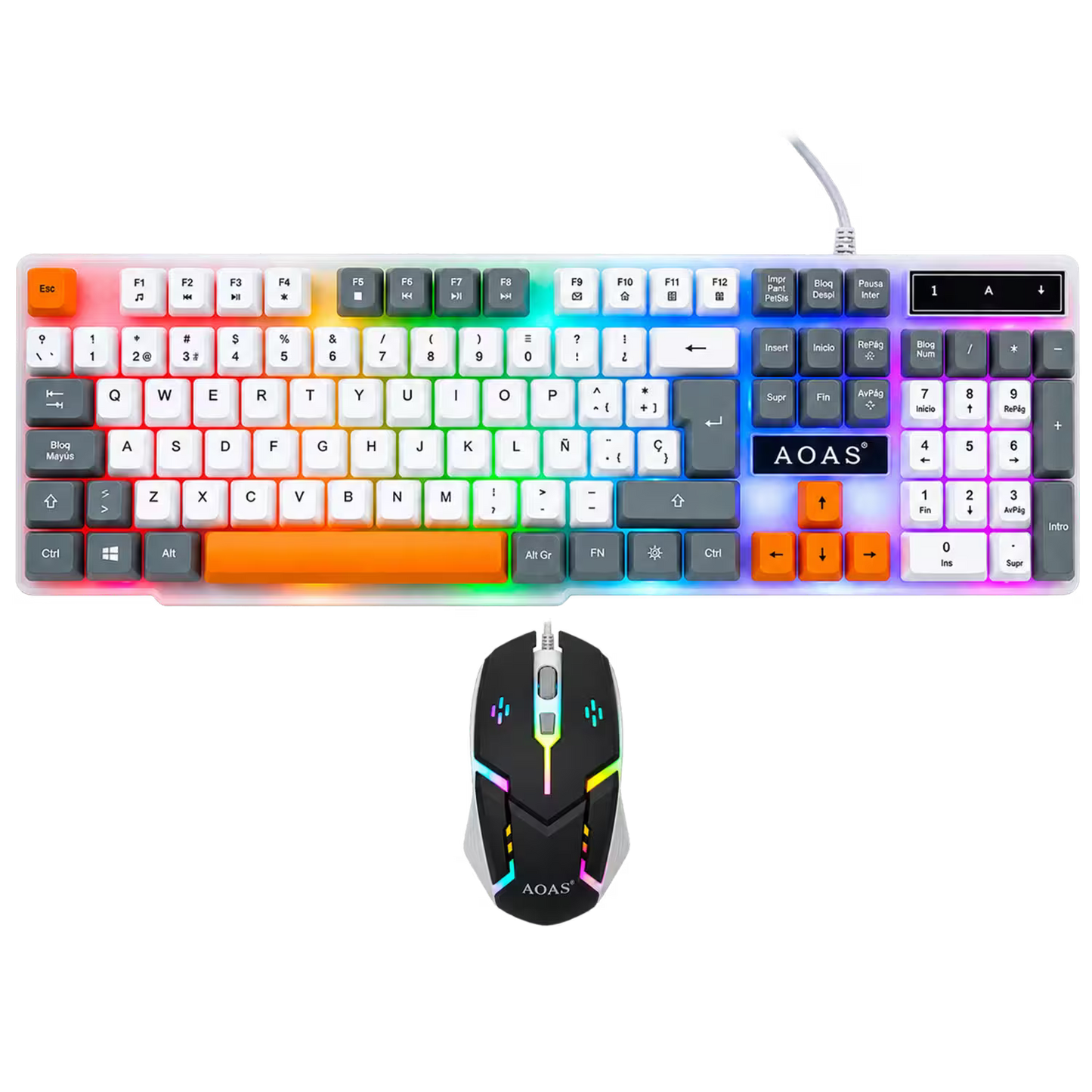 Combo Teclado y Mouse Gamer RGB AOAS A-1020 Blanco USB – 104 Teclas con Ñ | DPI 800/1200/1600