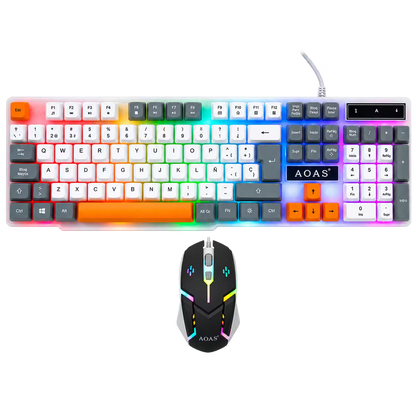 Combo Teclado y Mouse Gamer RGB AOAS A-1020 Blanco USB – 104 Teclas con Ñ | DPI 800/1200/1600