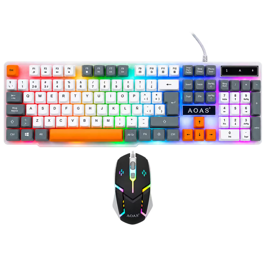 Combo Teclado y Mouse Gamer RGB AOAS A-1020 Blanco USB – 104 Teclas con Ñ | DPI 800/1200/1600