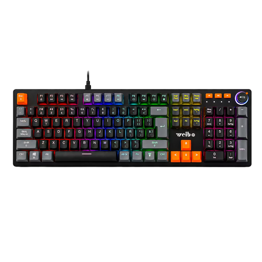 Teclado Mecánico WB-555 RGB Negro — Switches Rojos Full-Size 106 Teclas Cable