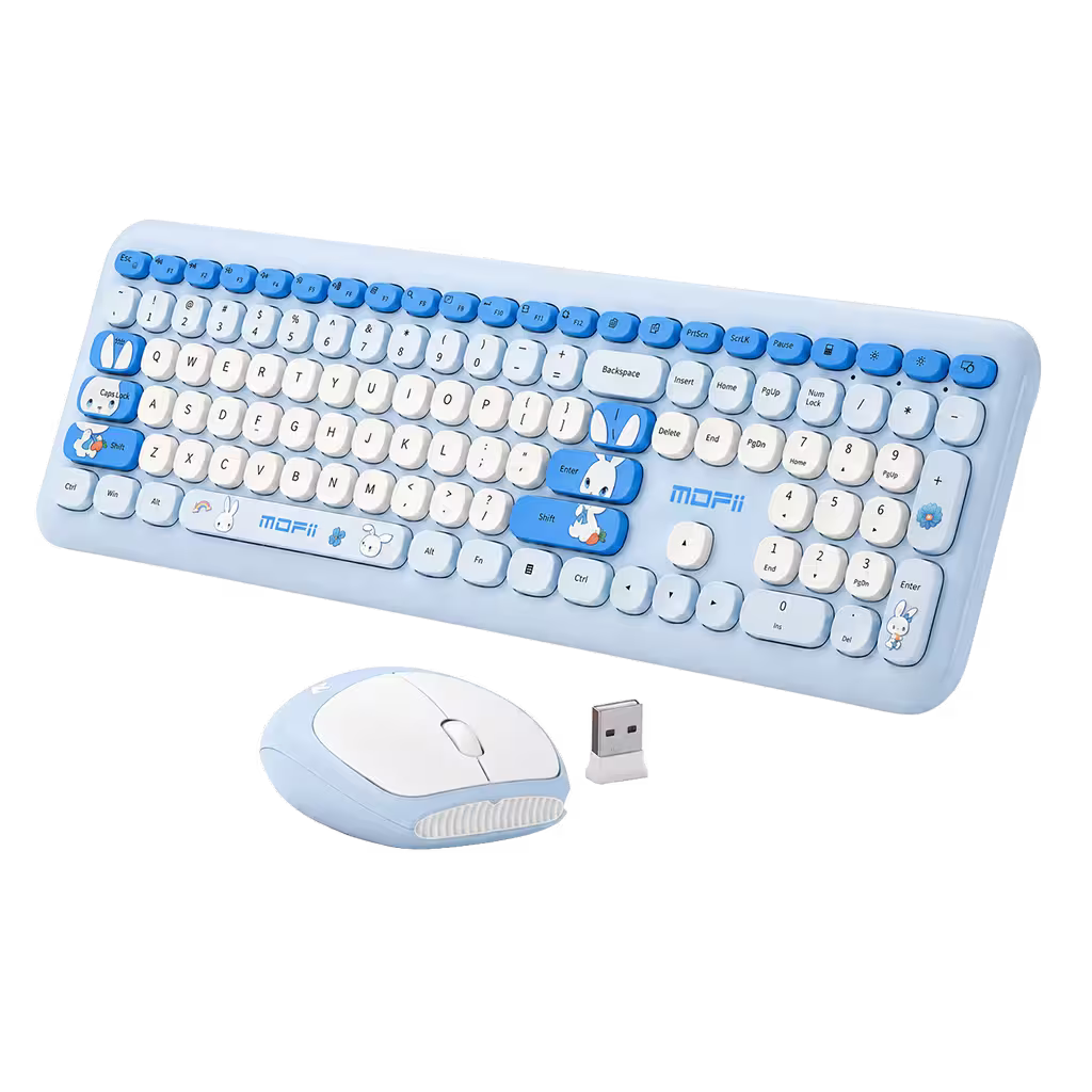 Combo Teclado y Mouse Inalámbrico MOFII 66Pro — Azul | Diseño Kawaii Conejo | 104 Teclas Full-Size | 20 Funciones Multimedia