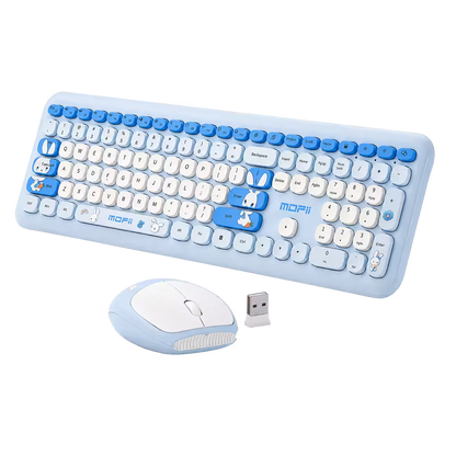 Combo Teclado y Mouse Inalámbrico MOFII 66Pro — Azul | Diseño Kawaii Conejo | 104 Teclas Full-Size | 20 Funciones Multimedia