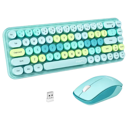 Combo Teclado y Mouse Inalámbrico MOFII Retro — Turquesa | 68 Teclas Redondas 2.4G Receptor Único