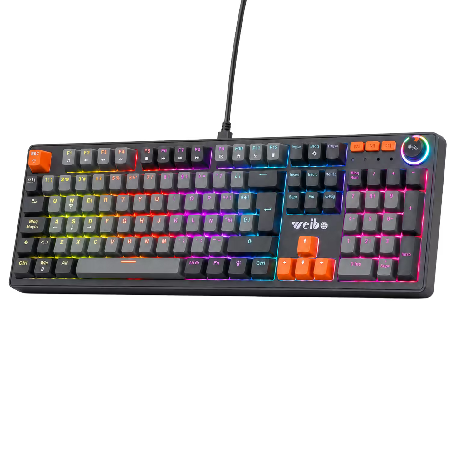 Teclado Mecánico con Cable WB-555 Gris – Switch Rojo | RGB 9 Efectos | 106 Teclas con Ñ | Anti-Ghosting | Perilla Volumen