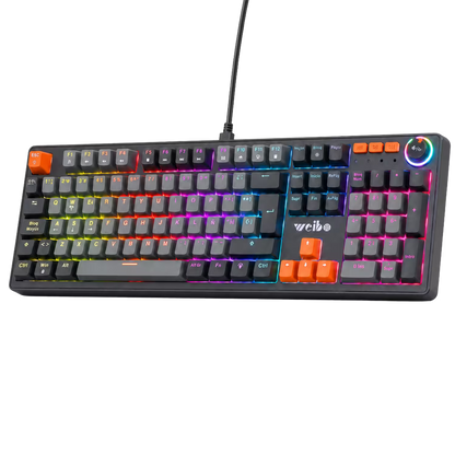 Teclado Mecánico con Cable WB-555 Gris – Switch Rojo | RGB 9 Efectos | 106 Teclas con Ñ | Anti-Ghosting | Perilla Volumen
