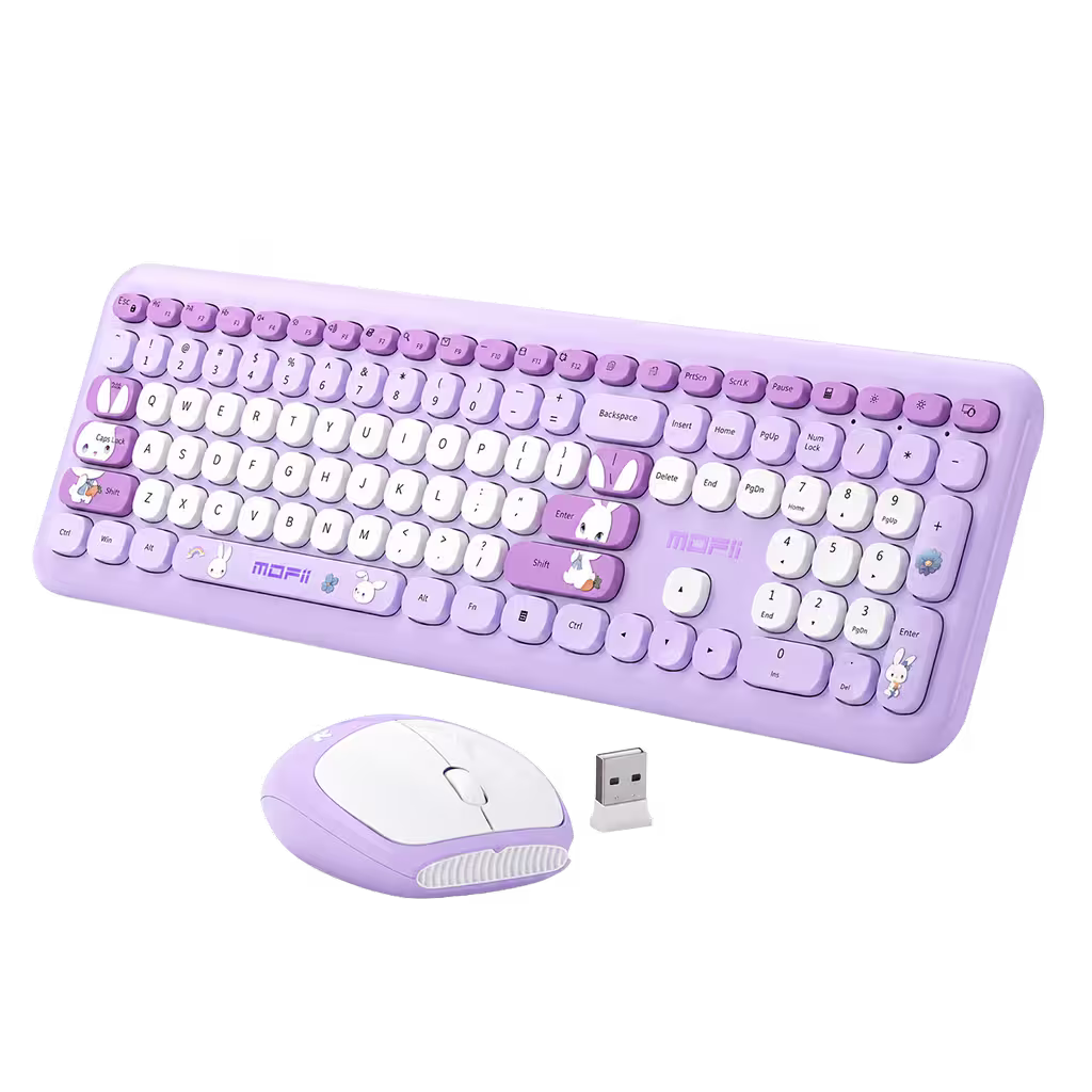 Combo Teclado y Mouse Inalámbrico MOFII 66Pro — Morado | Diseño Kawaii Conejo | 104 Teclas Full-Size | 20 Funciones Multimedia