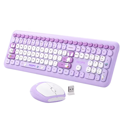 Combo Teclado y Mouse Inalámbrico MOFII 66Pro — Morado | Diseño Kawaii Conejo | 104 Teclas Full-Size | 20 Funciones Multimedia