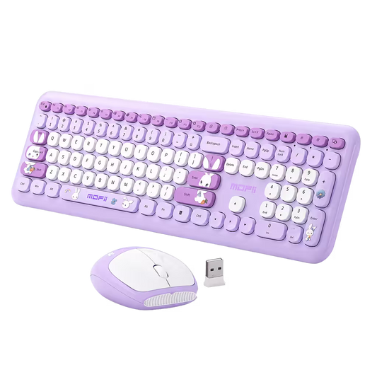 Combo Teclado y Mouse Inalámbrico MOFII 66Pro — Morado | Diseño Kawaii Conejo | 104 Teclas Full-Size | 20 Funciones Multimedia