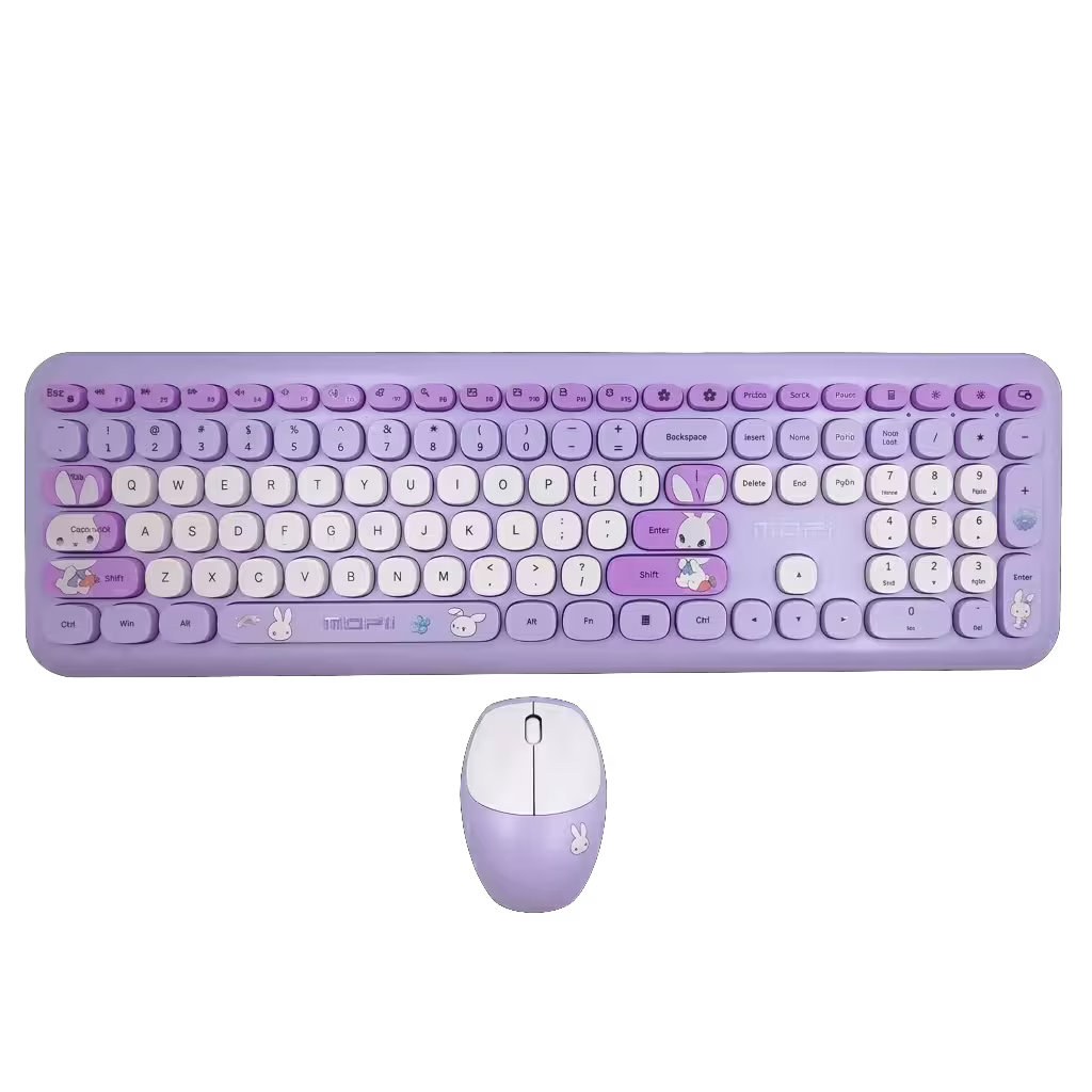 Combo Teclado y Mouse Inalámbrico MOFII 66Pro — Morado | Diseño Kawaii Conejo | 104 Teclas Full-Size | 20 Funciones Multimedia