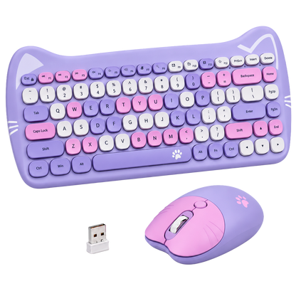 Combo Teclado + Mouse Inalámbrico GEEZER Gato Púrpura – 2.4G | 1600 DPI | Silencioso | Compacto Kawaii | Plug & Play
