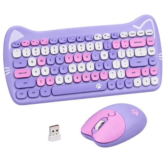 Combo Teclado + Mouse Inalámbrico GEEZER Gato Púrpura – 2.4G | 1600 DPI | Silencioso | Compacto Kawaii | Plug & Play