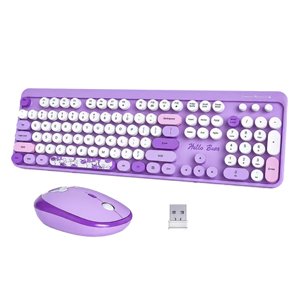Combo Teclado y Mouse Inalámbrico Geezer Hello Bear - Morado | Mouse 800/1200/1600 DPI | 10m | 2.4G