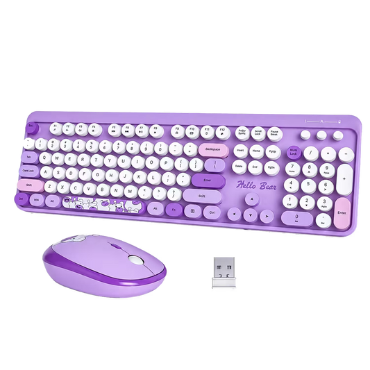 Combo Teclado y Mouse Inalámbrico Geezer Hello Bear - Morado | Mouse 800/1200/1600 DPI | 10m | 2.4G