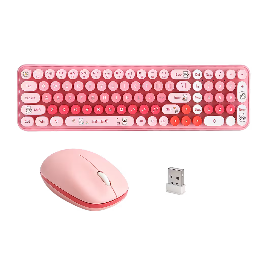 Combo Teclado y Mouse Inalámbrico Baby Bear - Rosado | 100 Teclas Redondas Retro Multicolor | 10m | 2.4G