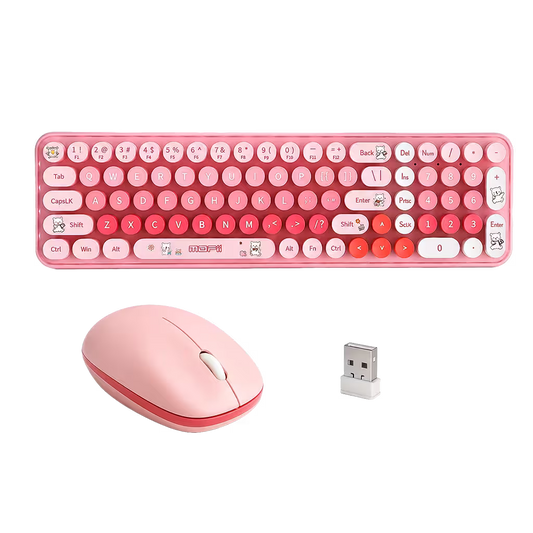Combo Teclado y Mouse Inalámbrico Baby Bear - Rosado | 100 Teclas Redondas Retro Multicolor | 10m | 2.4G