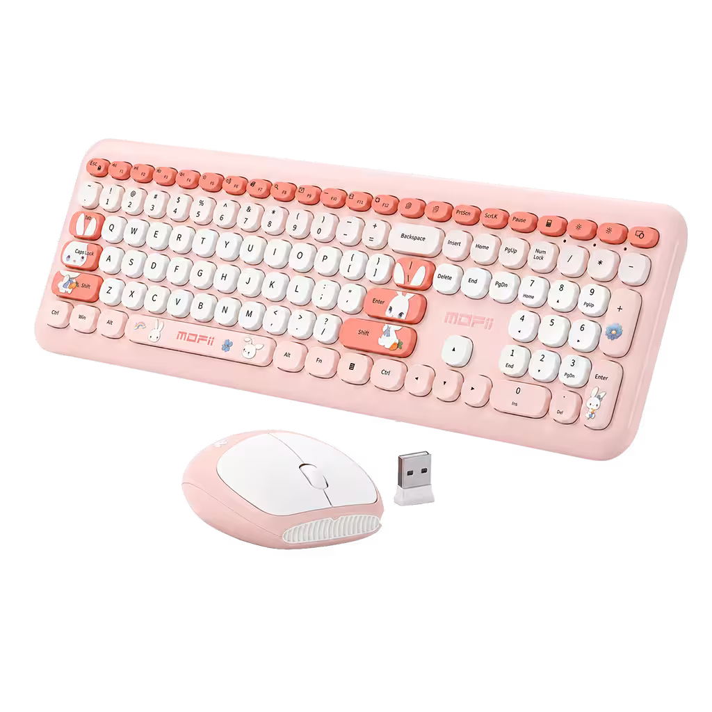 Combo Teclado y Mouse Inalámbrico MOFII 66Pro — Rosado | Diseño Kawaii Conejo | 104 Teclas Full-Size | 20 Funciones Multimedia