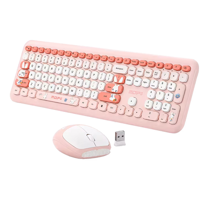 Combo Teclado y Mouse Inalámbrico MOFII 66Pro — Rosado | Diseño Kawaii Conejo | 104 Teclas Full-Size | 20 Funciones Multimedia