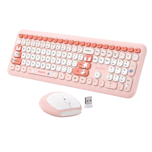 Combo Teclado y Mouse Inalámbrico MOFII 66Pro — Rosado | Diseño Kawaii Conejo | 104 Teclas Full-Size | 20 Funciones Multimedia