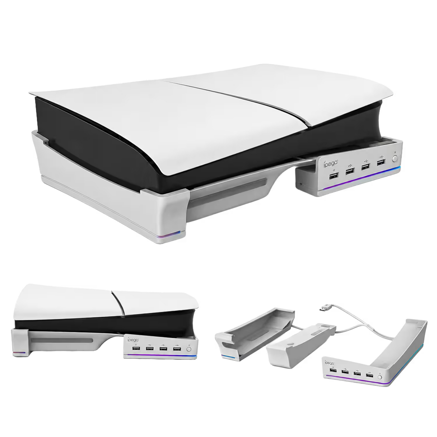 Base Horizontal RGB 4-en-1 iPega – PS5 Slim y PS5 Pro | Hub 4x USB 2.0 | 14 Modos RGB