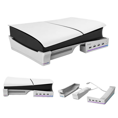 Base Horizontal RGB 4-en-1 iPega – PS5 Slim y PS5 Pro | Hub 4x USB 2.0 | 14 Modos RGB