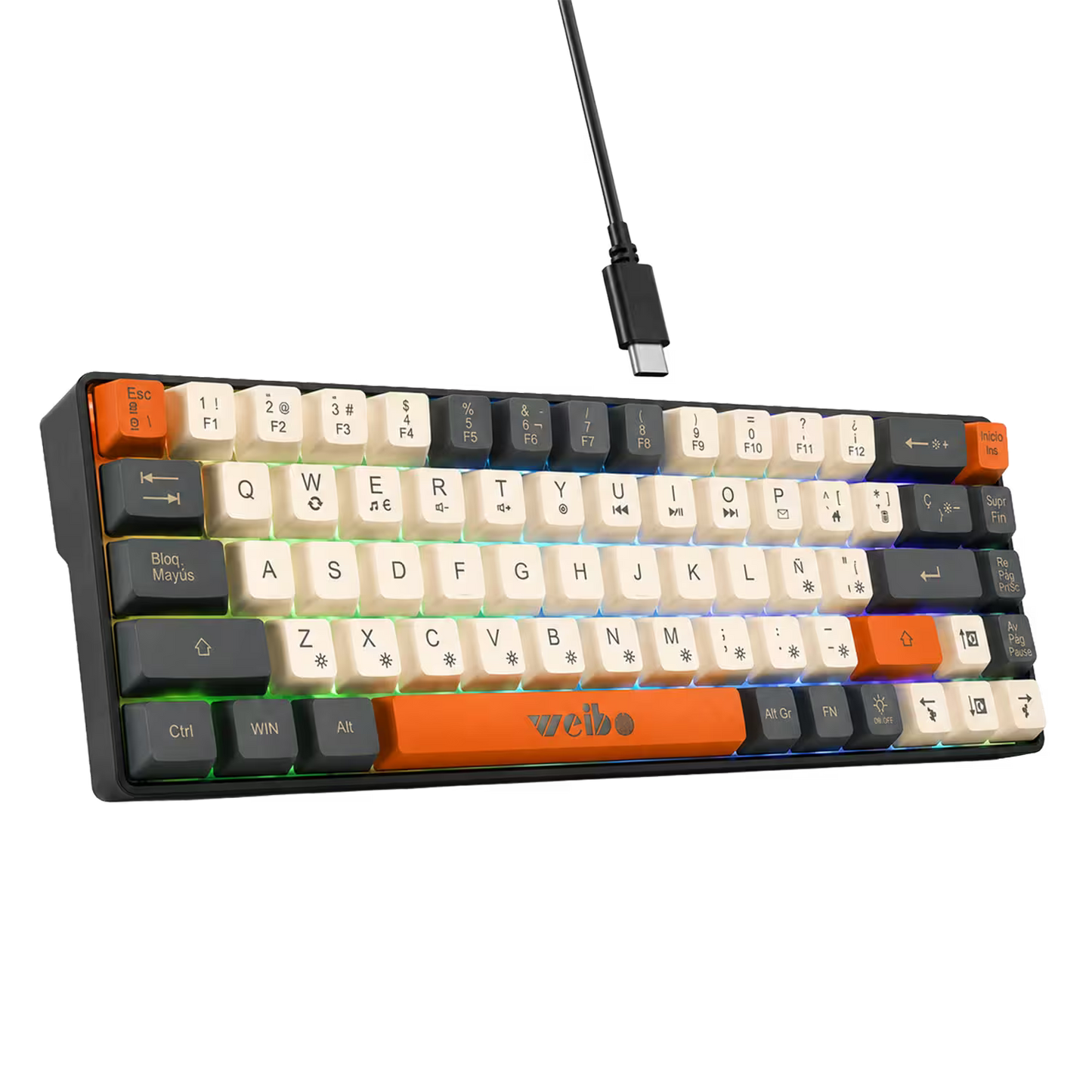 Teclado Membrana Compacto Weibo WB-333 – 68 Teclas | 18 Modos Luz Multicolor | USB-C Desmontable | Español con Ñ