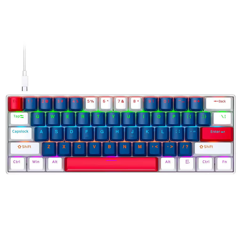Teclado Mecánico T-Wolf T60 60% RGB  Azul-Blanco - Switches Azules Anti-Ghosting USB-C