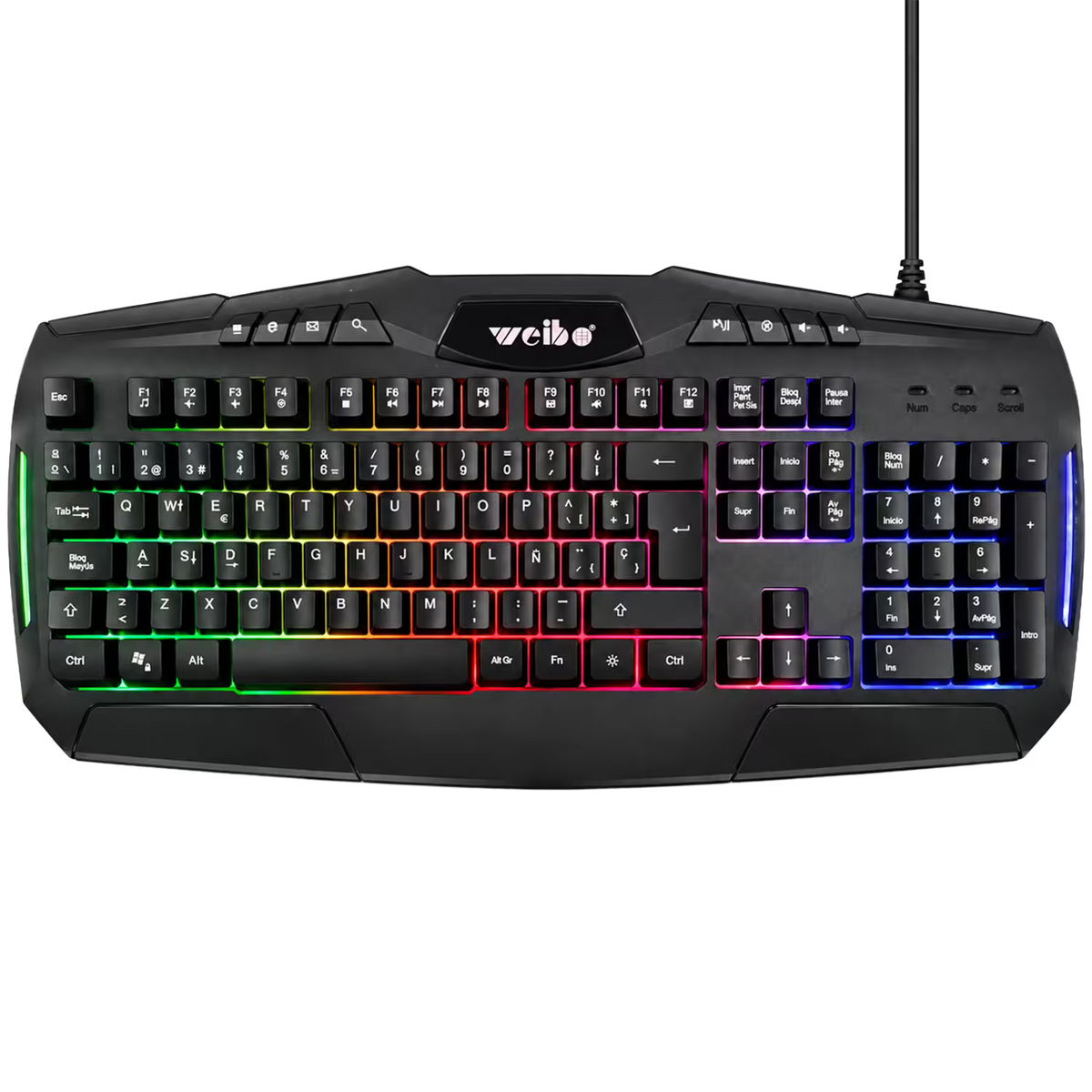 Teclado Gamer Membrana WEIBO WB-540 – 105 Teclas con Ñ | RGB Arcoíris 3 Zonas | Multimedia | USB 1.5m