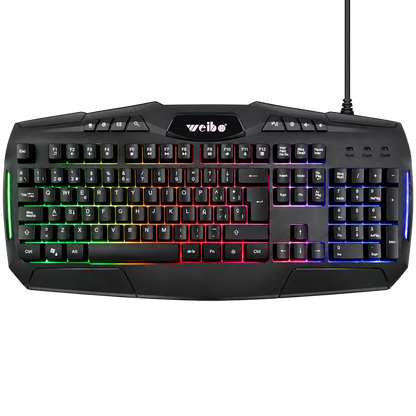 Teclado Gamer Membrana WEIBO WB-540 – 105 Teclas con Ñ | RGB Arcoíris 3 Zonas | Multimedia | USB 1.5m