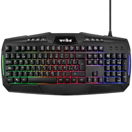 Teclado Gamer Membrana WEIBO WB-540 – 105 Teclas con Ñ | RGB Arcoíris 3 Zonas | Multimedia | USB 1.5m