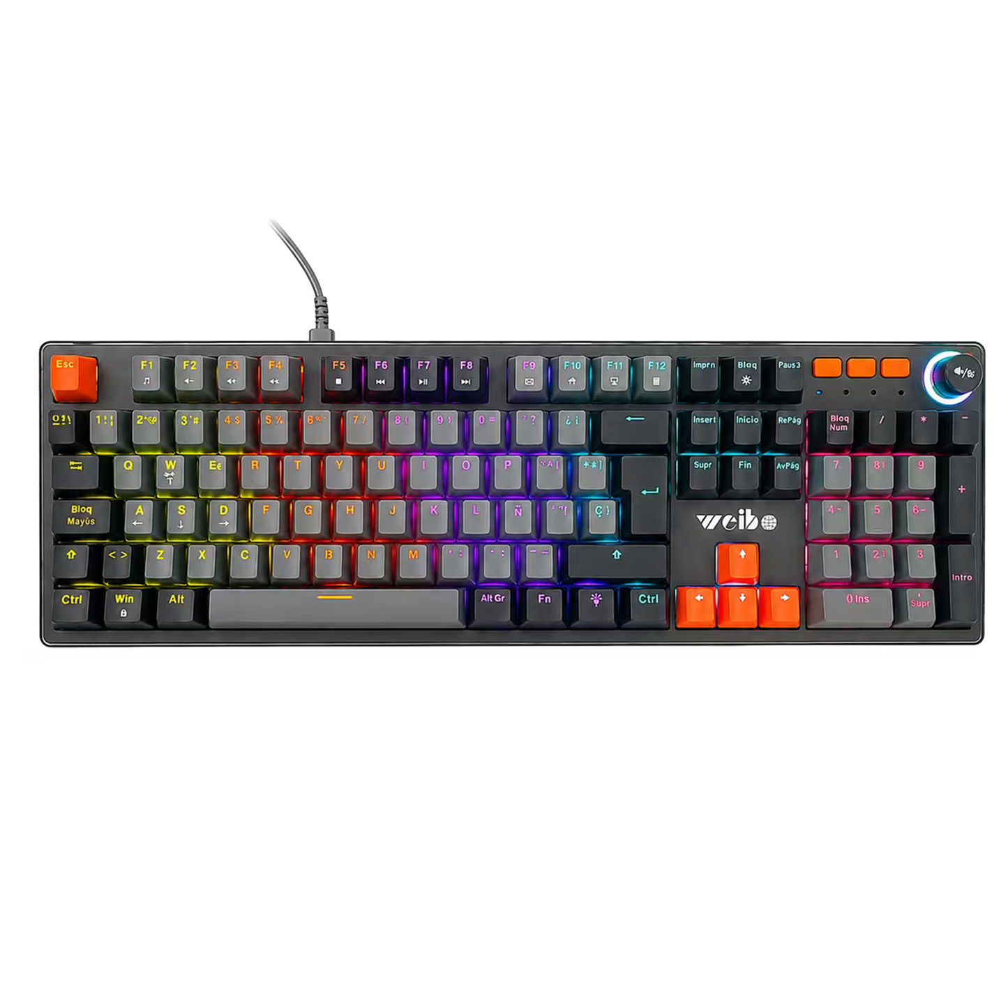 Teclado Mecánico con Cable WB-555 Gris – Switch Rojo | RGB 9 Efectos | 106 Teclas con Ñ | Anti-Ghosting | Perilla Volumen