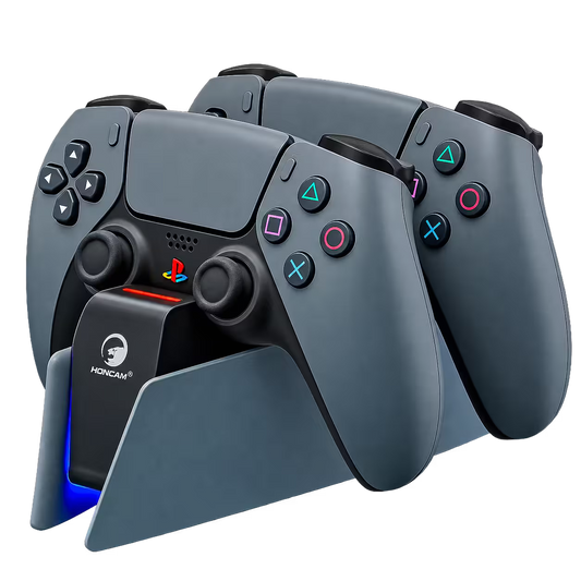 Base Cargadora HONCAM PS5 DualSense Gris - Carga Dual LED Azul Tri-Protección Type-C