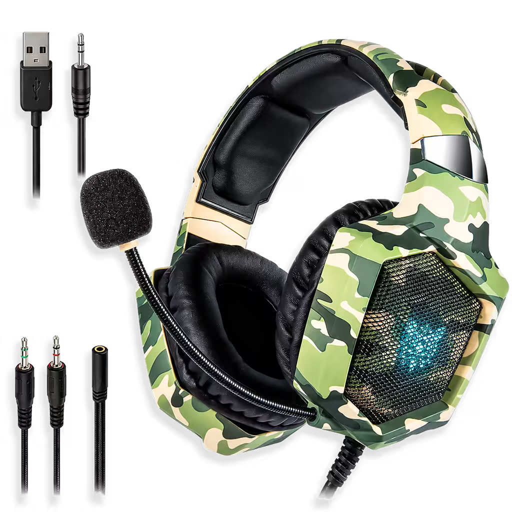 Diadema Gamer ONIKUMA K8 LED RGB Verde Camuflado - Micróf...