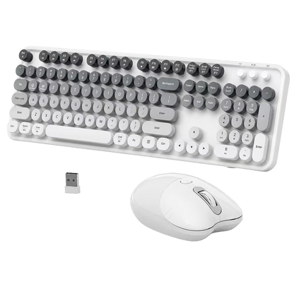 Combo Teclado y Mouse Recargable MOFii Sweet Pro – Dual Bluetooth + 2.4G | Retro Vintage Blanco-Gris | Para Ellas