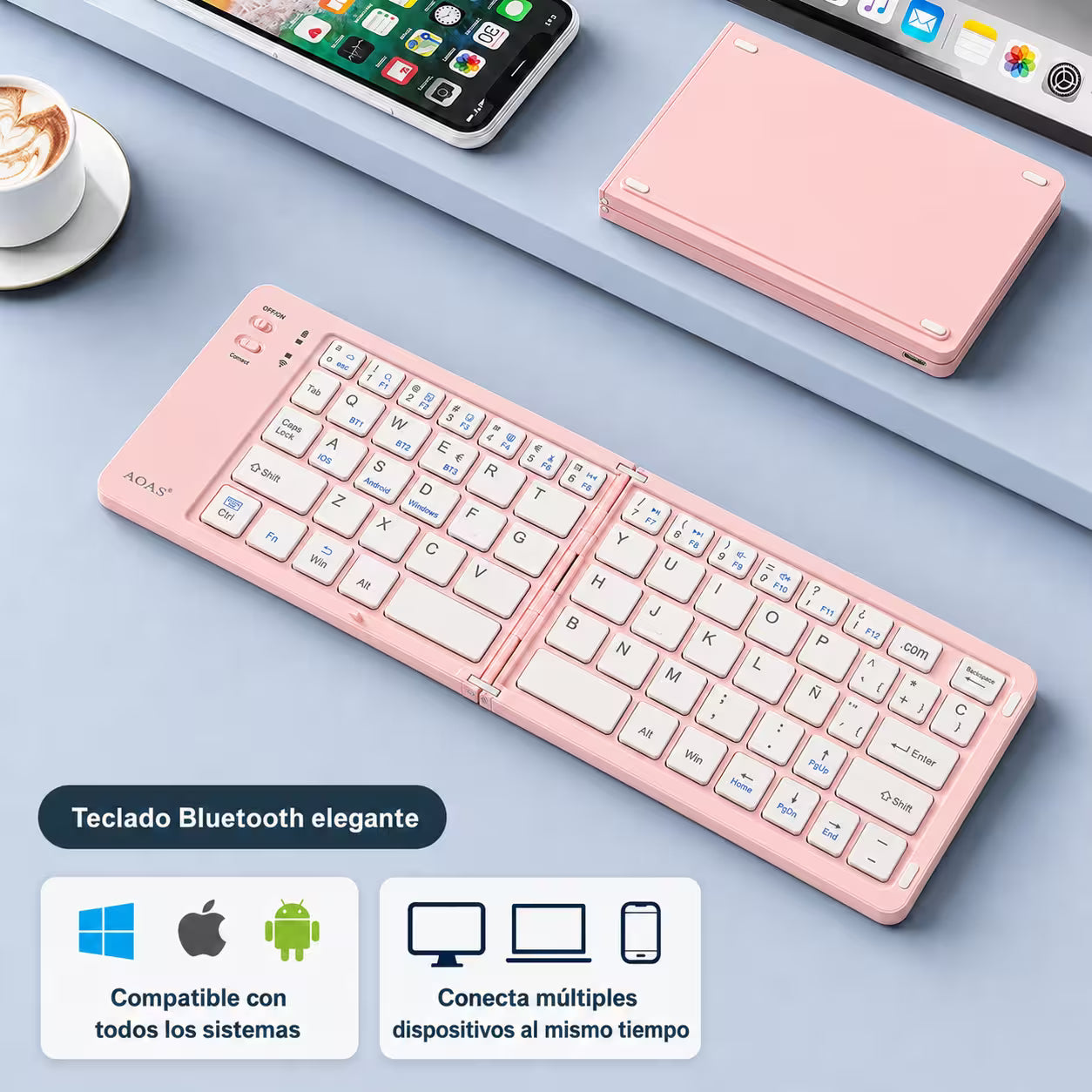 Teclado Plegable Bluetooth AOAS A-1006 Rosado - Inalámbrico Portátil QWERTY
