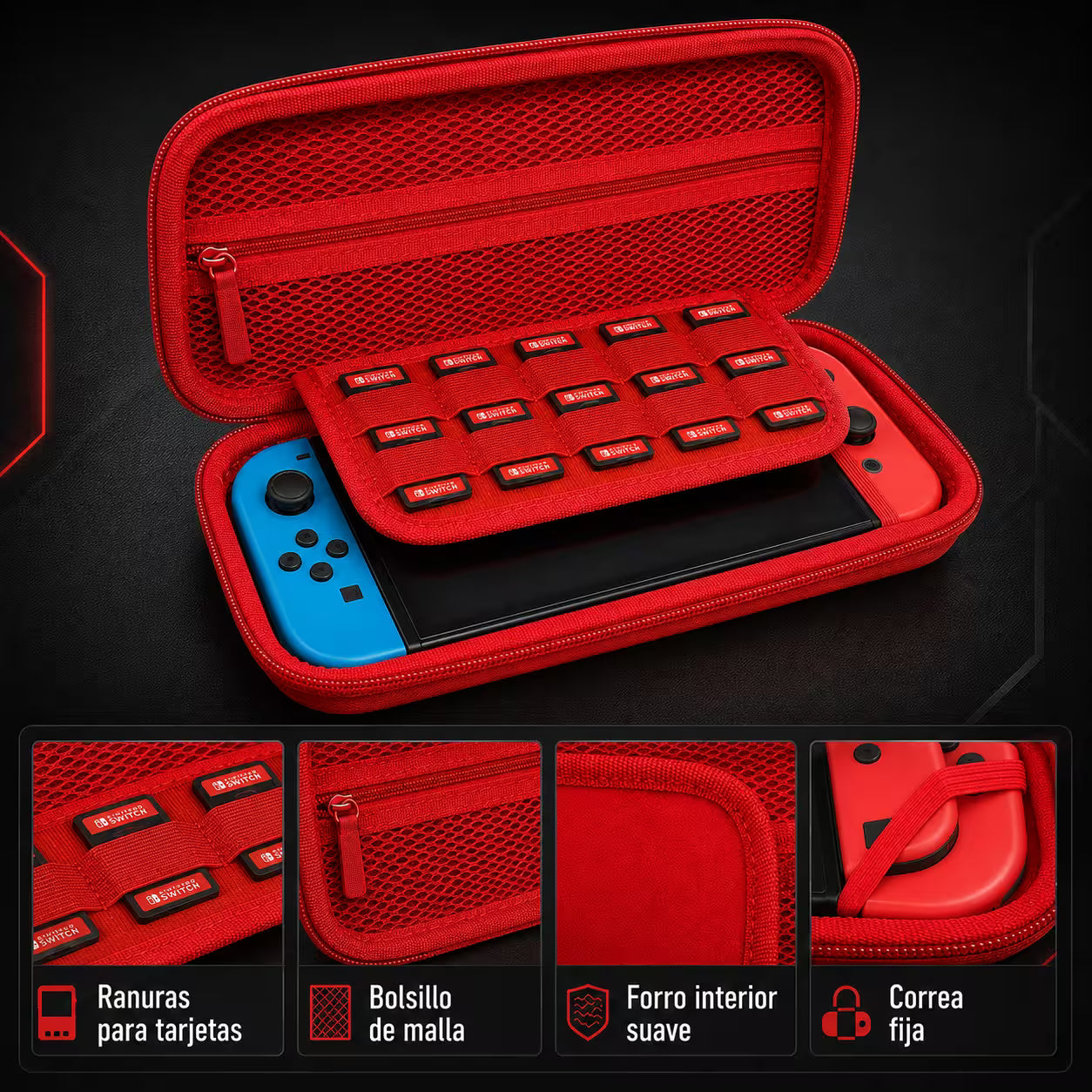 Estuche Rígido Nintendo Switch 1 y OLED – Diseño Rojo | 10 Cartuchos | Bolsillo Malla | NO Switch 2