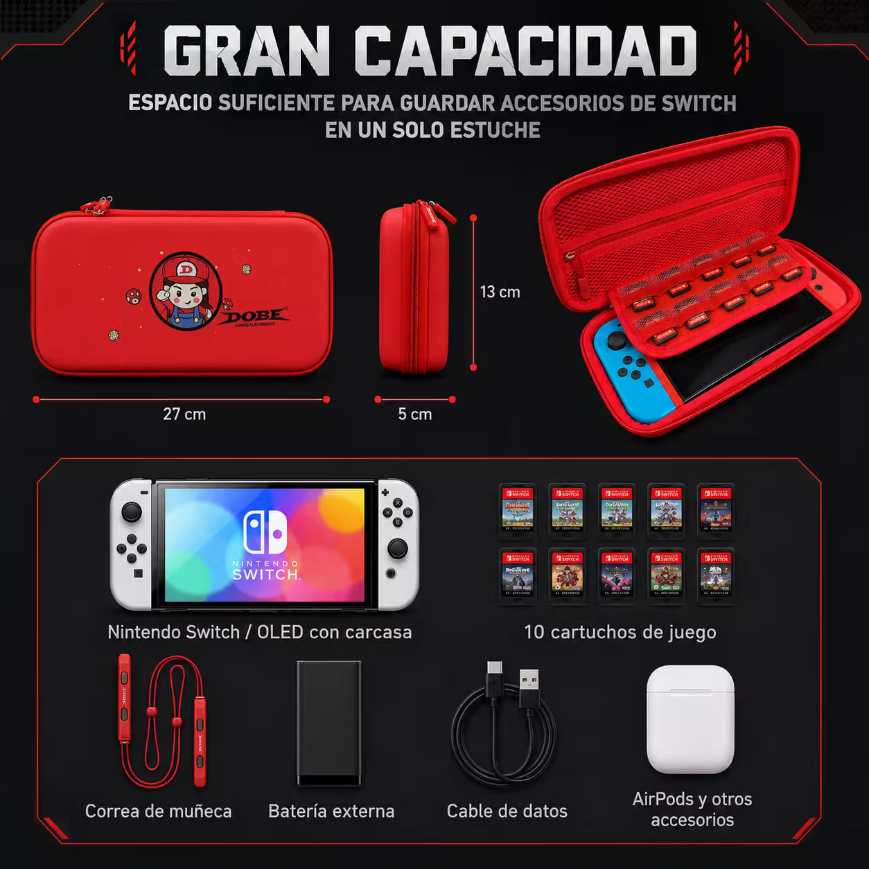 Estuche Rígido Nintendo Switch 1 y OLED – Diseño Rojo | 10 Cartuchos | Bolsillo Malla | NO Switch 2