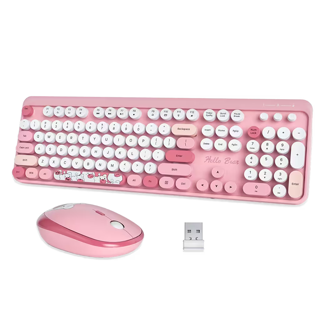 Combo Teclado y Mouse Inalámbrico Geezer Hello Bear - Rosado | Mouse 800/1200/1600 DPI | 10m | 2.4G