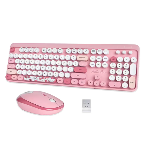 Combo Teclado y Mouse Inalámbrico Geezer Hello Bear - Rosado | Mouse 800/1200/1600 DPI | 10m | 2.4G