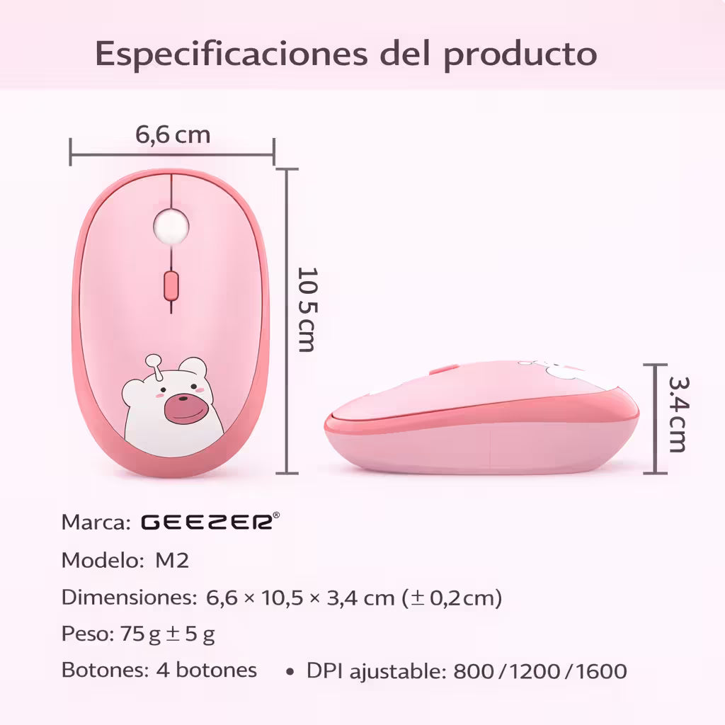 Mouse Inalámbrico Silencioso Geezer M2 - Rosado Diseño Osito | 3 DPI 2.4G 10m | Cute Para Ella