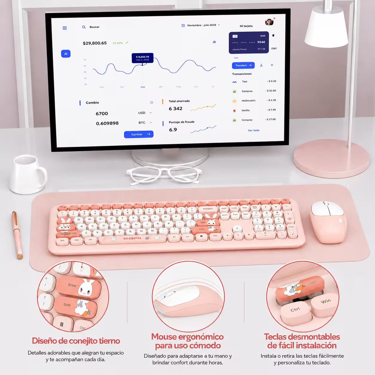 Combo Teclado y Mouse Inalámbrico MOFII 66Pro — Rosado | Diseño Kawaii Conejo | 104 Teclas Full-Size | 20 Funciones Multimedia