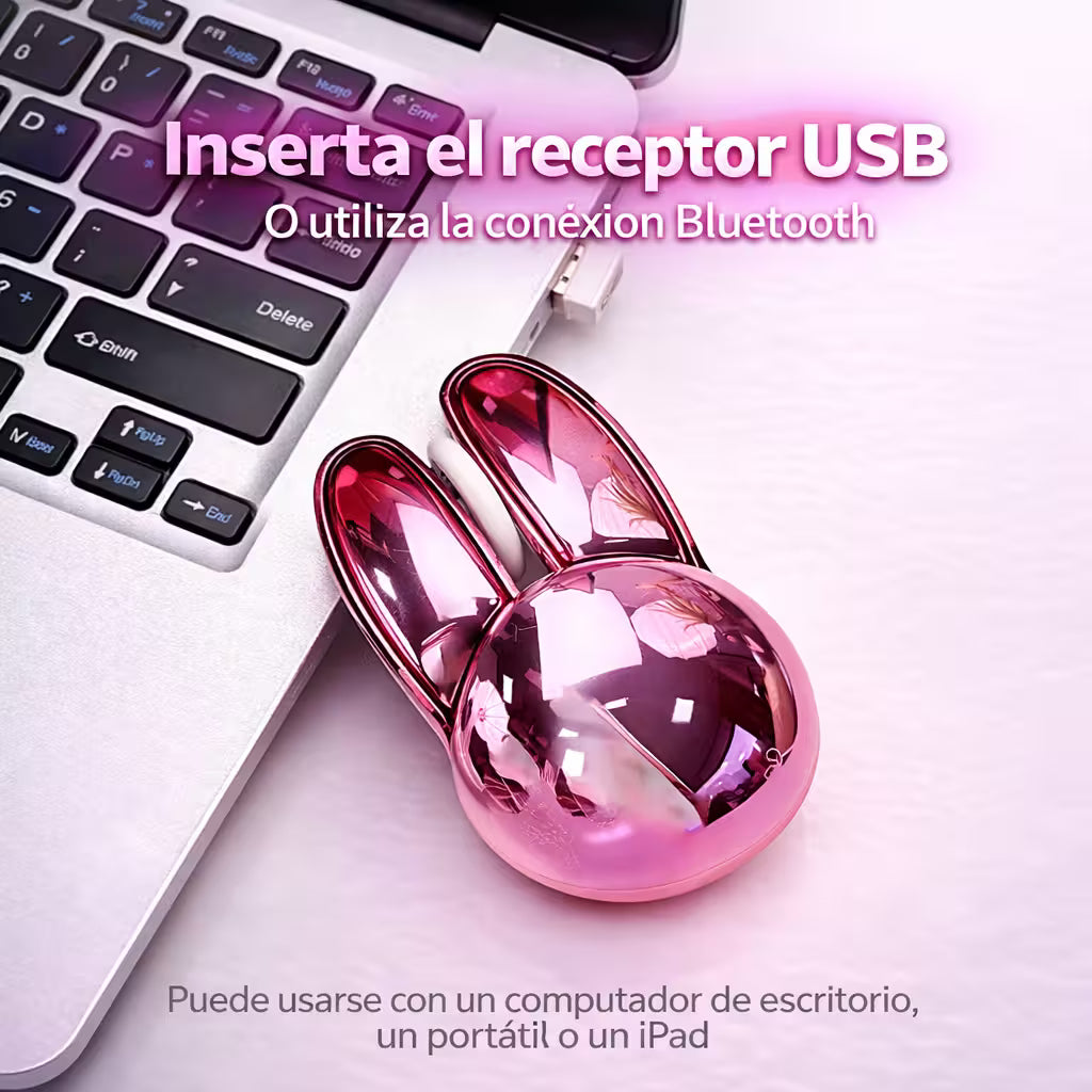 Mouse Inalámbrico Mofii M6 DM - Rosado Metalizado Rabbit Ear | Triple Conexión Bluetooth 2.4G Silencioso